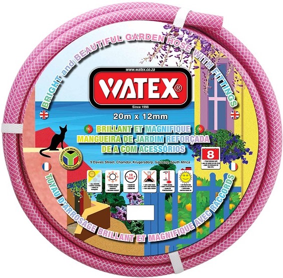 Watex 12mm X 20m pink garden hose with fittings. Manufactured in South Africa. PVC. 8 Year warranty. UV stabilised.