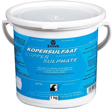 Revet Copper Sulphate is used as an additive to dip tanks to control bacterial build up. It is also used for the prevention of post dipping lameness in sheep. Mix into dip tank at ratio of 500g in 1000 liter water.