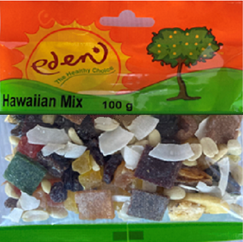 A mix of coconut flakes, raisins, banana chips, papaya cubes, apricot pieces, fruit flakes (peach, apricot, pear), raw peanuts, strawberry cubes, mango bits and pineapple cubes.