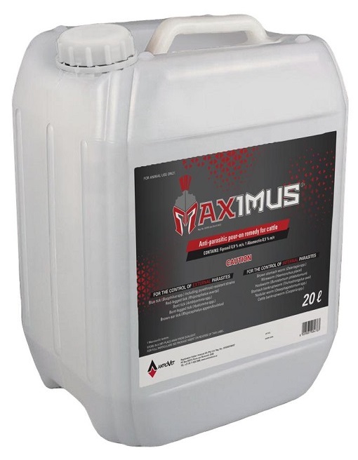Maximus is a ready-to-use pour-on antiparasitic for cattle.