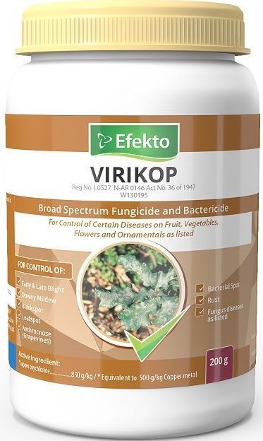 A wettable powder fungicide and bactericide with protective properties for the control of certain diseases on fruit, vegetables, flowers and ornamentals, as listed.