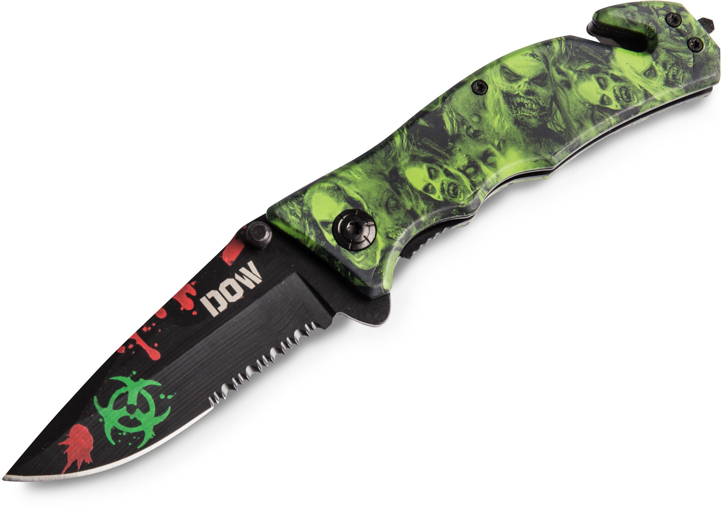 PLEASE NOTE: Clearance Stock - Limited Stock Available, first come first serve. A great folder, Fashionable, popular with collectors. Black Blade with red and green sculls. Green Scull Handle.