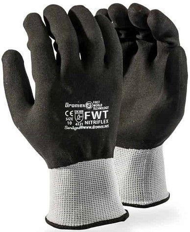 Strong Oil-Resistance super grip softer touch and higher flexibility sanitized treated Works like leather and lasts like nitrile 100% nitrile micro foam finish 15G blended Spandex liner Innovative fibre Composite knitted wrist.