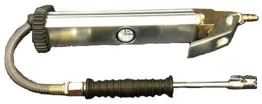 Tyre inflator with gauge and twin hold on open end connector.