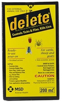 Ready to use pour-on for the control of ticks, flies and lice for cattle. Controls Karoo Paralysis, bont and red legged ticks in sheep and goats.