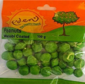 Raw peanuts coated in a wasabi layer. Wasabi, peanuts, wheat flour, starch, soybean oil, salt, E102 Tartrazine, E133-Brilliant.