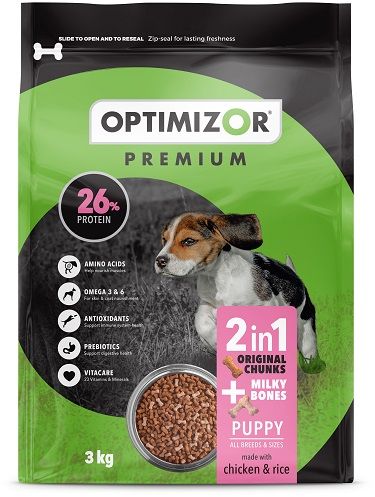 Optimizor Premium Puppy with Milky Bones contains 26% protein and easily digestible milk proteins for development and growth. The inclusion of easy-to-digest milk proteins in our kibble means that we can offer increased calcium in the form of milky bones' in our puppy food. Together with VitaCARE, and Omega 3 and 6, Optimizor Premium Puppy has everything your puppy needs for healthy growth and development.
