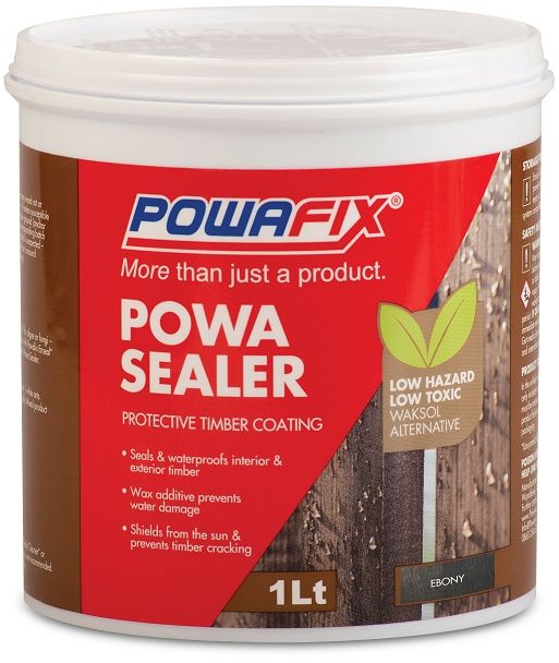 Powafix Powa sealer is a unique water based, non hazardous alternative to Waksol. This easy to use product is a clear, medium brown coating that will seal timber and provide long term resistance to the damaging effects of water and UV rays.
