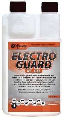 Vitamin, calcium, magnesium, mineral, electrolytes and energy supplement for ruminants, game, ostriches, swine and horses. Water soluble gel to assist in the prevention and treatment of symptoms associated with stress related conditions such as feed refusal, rumen and lower intestine stasis, dehydration, diarrhoea, adaption constraints, deviant behavior and disease in game, ruminants, ostriches, swine and horses.
