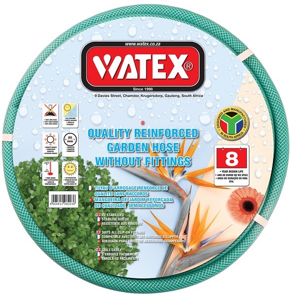 Watex 12mm X 20m garden hose. Manufactured in South Africa. PVC. 8 Year warranty. UV stabilised.