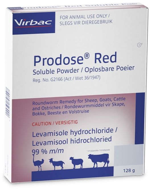Roundworm remedy for sheep, goats, cattle and ostriches. COMPOSITION: Levamisole hydrochloride 99% m/m. COMPOSITION: Levamisole hydrochloride 99% m/m. Dosage: 3ml / 10kg body mass ,mix in 5lt water. Roundworm remedy for sheep, goats, cattle and ostriches. Contact remedy: no milk withdrawal.