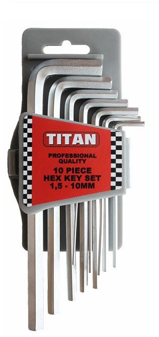 High quality metric chrome vanadium hex key set, rust-resistant satin micro finish. Comes in handy plastic holder.