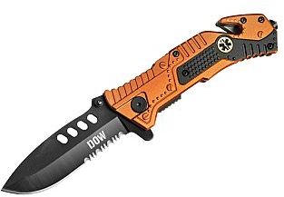 Rescue knife with aluminium scales 50/50 blade, Glass breaker, seatbelt cutter Easy one handed opening, lino lock system.