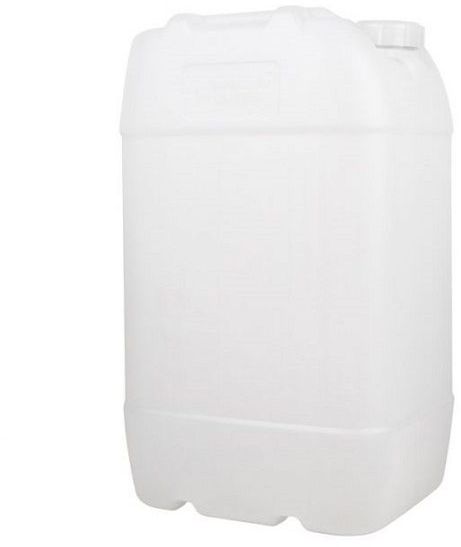 Plastic liquid container with a filler cap and carry handle on the top.