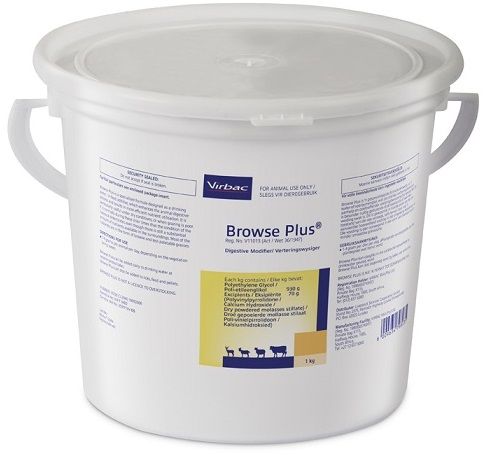 Browse Plus is a specialised formula designed as a drinking water or in feed/lick additive which enhances the animal's digestive process and results in more nutrient utilisation. COMPOSITION: Polyethylene glycol 930g /kg, excipients 70g /kg (polyvinylpyrrolidone/calcium hydroxide/dry powdered molasses stillate). COMPOSITION: Polyethylene glycol 930g /kg, excipients 70g/kg (polyvinylpyrrolidone/calcium hydroxide/dry powdered molasses stillate). DIRECTIONS FOR USE : 4g per animal per day for livestock and game. Digestive modifier during unfavourable feeding times. Tannin inhibitor.