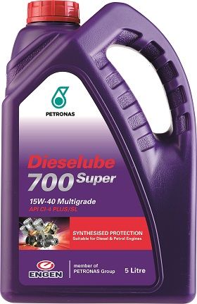 Engen Dieselube 700 Super is a synthesised high-performance SAE 15W-40 diesel multigrade oil (HPDO) designed to the unique requirement of the Southern African market. This Diesel Engine population consists of advanced American, European, and Japanese engines burning high or low sulphur diesel (depending on the area of operation). It ensures excellent control over soot induced wear, high temperature piston deposits, bore polishing, corrosion, foaming, oxidation stability and ensures superior engine cleanliness at extended drain intervals.
