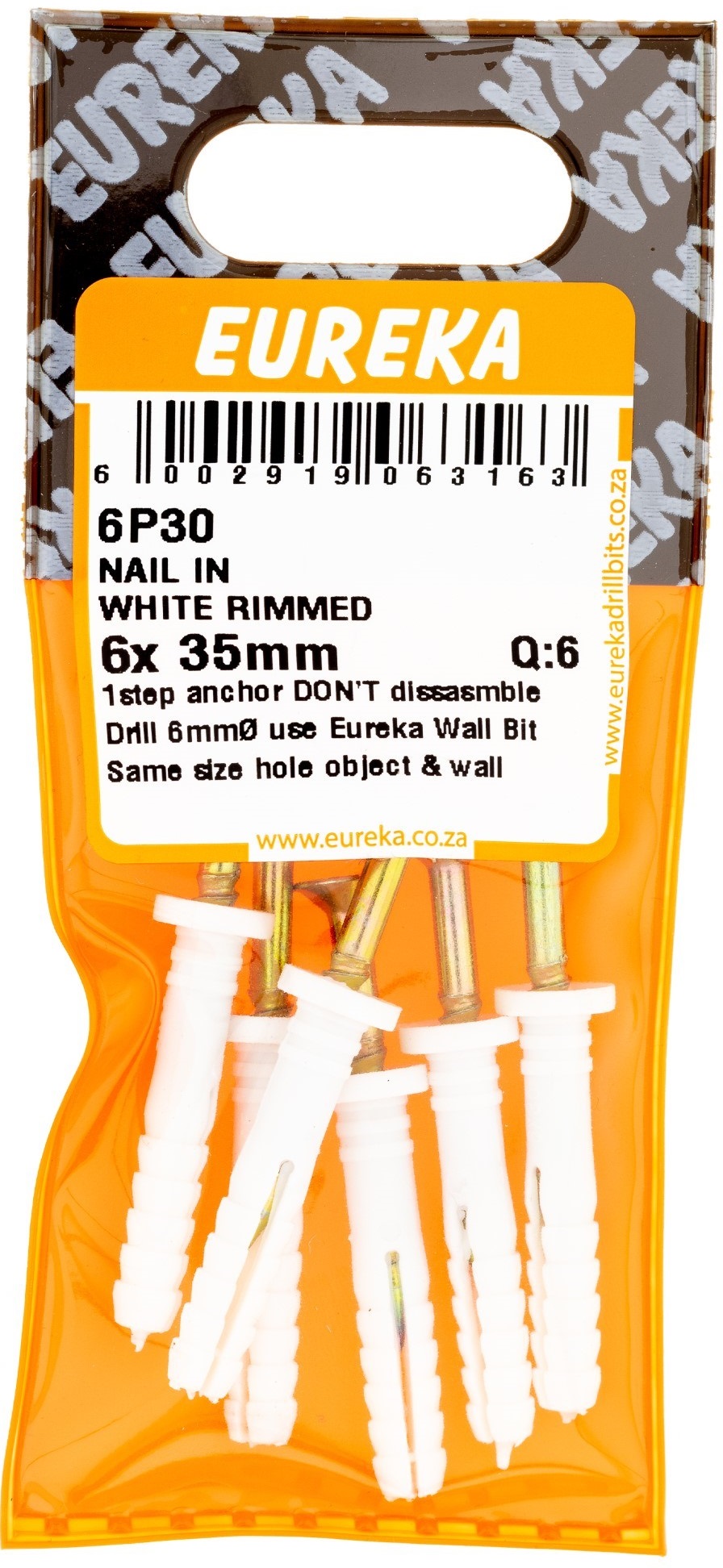 Anchor is placed through the object and into the wall where after the nail is driven in all the way to enable expansion of the sleeve inside the hole. The same size hole should be drilled in the object and the surface its mounted to.