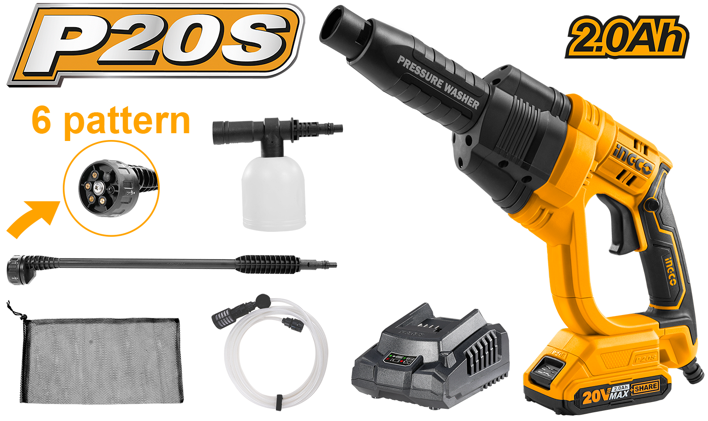 Voltage:20V. Max Pressure:24.8Bar. Flow rate:2.2L/min. Auto stop system. 1PCS 2.0AH battery (FBLI2001). 1PCS fast charger (FCLI2001E). Charge volts:220-240V~50/60Hz. 1 set 6-pattern spray gun. 1 pcs 6m water inlet hose with quick connector. 1 self suction connector. 1 pcs 400ml foam producer. 1 pcs portable bag. Packed by colour box.