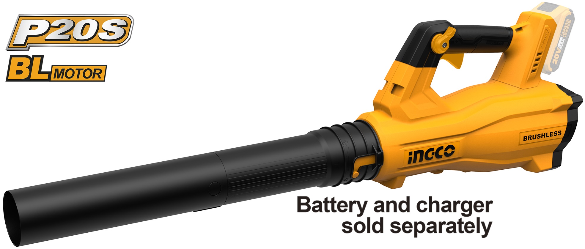 Brushless motor. Voltage: 20V. No-load speed: 0 - 18 500 rpm. Average air volume: 8.5 m³/min. Maximum air speed: 144 km/h. Variable speed control. Battery and charger sold separately. Packed by colour box.