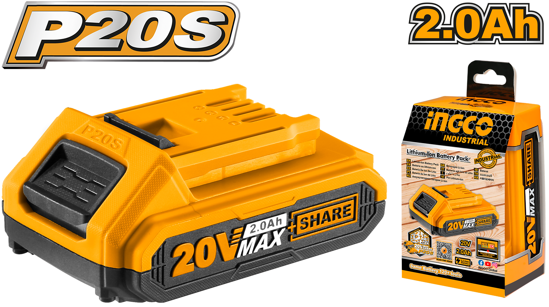 Voltage:20V. Lithium-ion 2.0Ah battery. LED battery power indicator. One battery fits all P20S multiple tools. Packed by colour box.