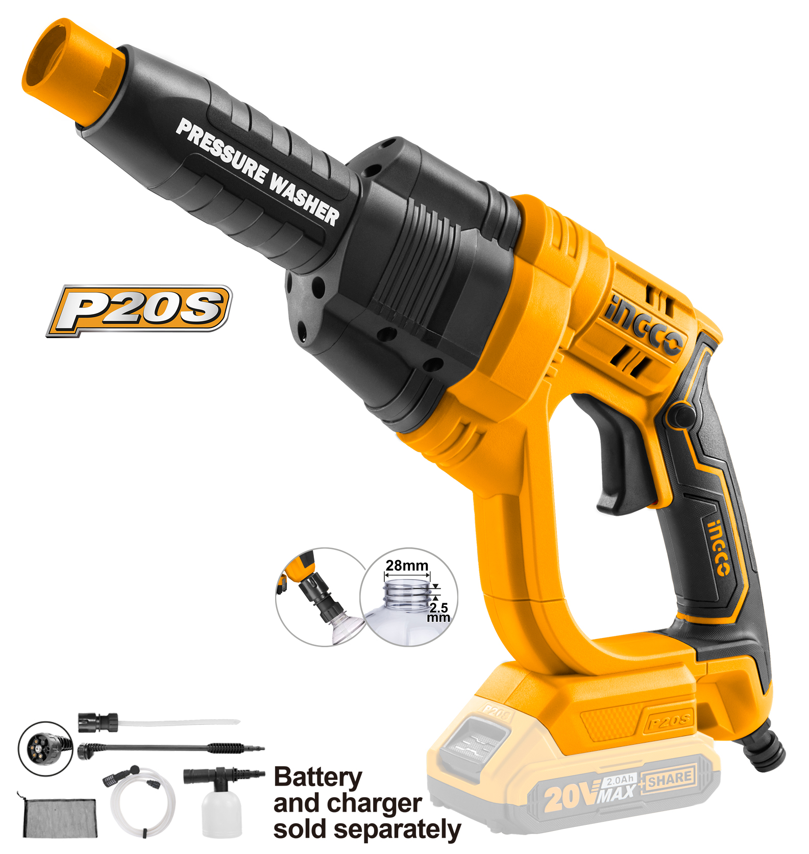 Voltage:20V. Max Pressure:24.8Bar. Flow rate:2.2L/min. Auto stop system. Battery and charger sold separately. 1 set 6-pattern spray gun. 1 pcs 6m water inlet hose with quick connector. 1 self suction connector. 1 pcs 400ml foam producer. 1 pcs portable bag. Packed by colour box.