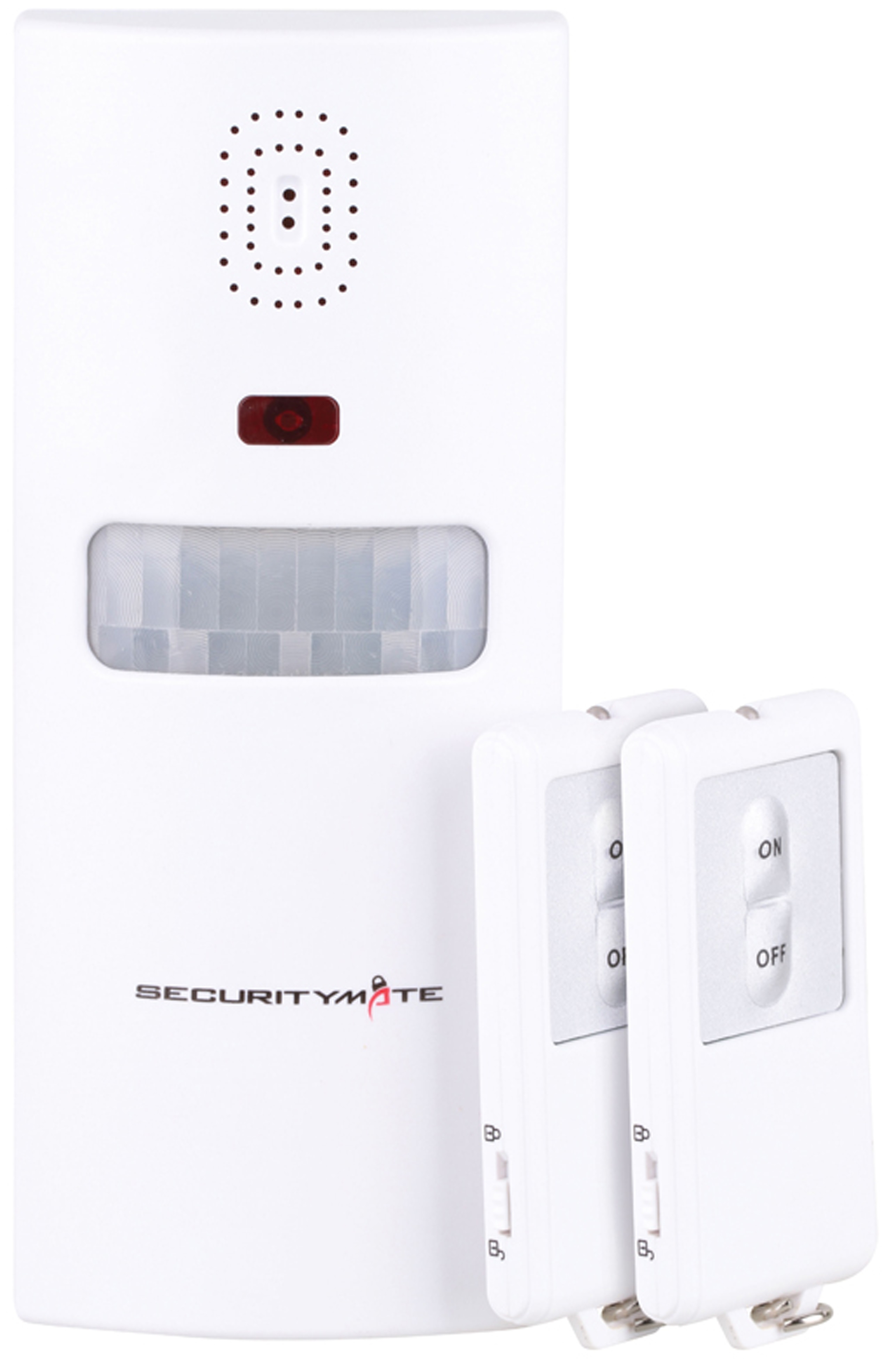 Wireless motion sensor with two remote controls. Operating frequency: 433MHz. Motion activated alarm with flashing light. Energy saving circuit. Different indication sounds for ARMING and DISARMING the unit. Alarm volume of more than 110dB. Remote control operates in all directions. Working distance: up to 30m. Inductive angle: 110°. Motion detection distance: up to 7m. Low battery indicator. Main Unit: 3 x AA batteries (not included). IP44 weather resistant rating. Remote Control: 1 x CR2032 battery (included).