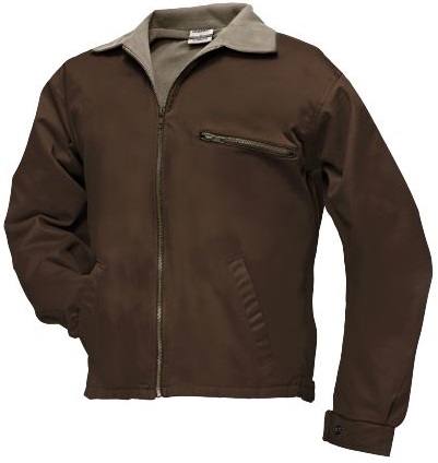 A shorter length jacket, with body and collar lined with polar fleece.  Two side pockets and zip-up top pocket.