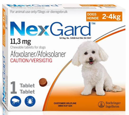 Nexgard is the new chewable flea and tick preventative from the makers of Frontline. Suitable for monthly treatment of fleas and ticks on dogs. The palatable, tasty, chewable tablet is available in singles or boxes of 3. Available in 4 sizes to suit the we