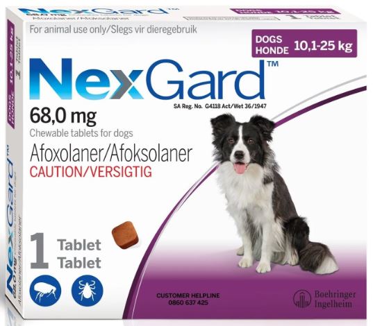 Nexgard is the new chewable flea and tick preventative from the makers of Frontline. Suitable for monthly treatment of fleas and ticks on dogs. The palatable, tasty, chewable tablet is available in singles or boxes of 3. Available in 4 sizes to suit the we