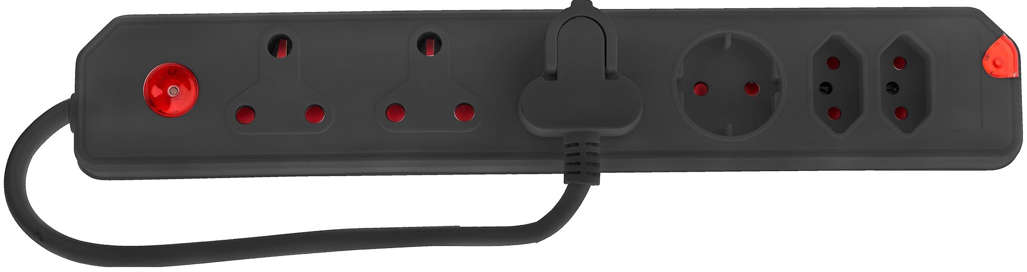 3 x 16A outlet, 2 x 5A outlet and 1 x schuko outlet, New 3 pin euro design with overload protection, LED power on indicator, safety shuttered, single switch, easy pull plug top design, black.