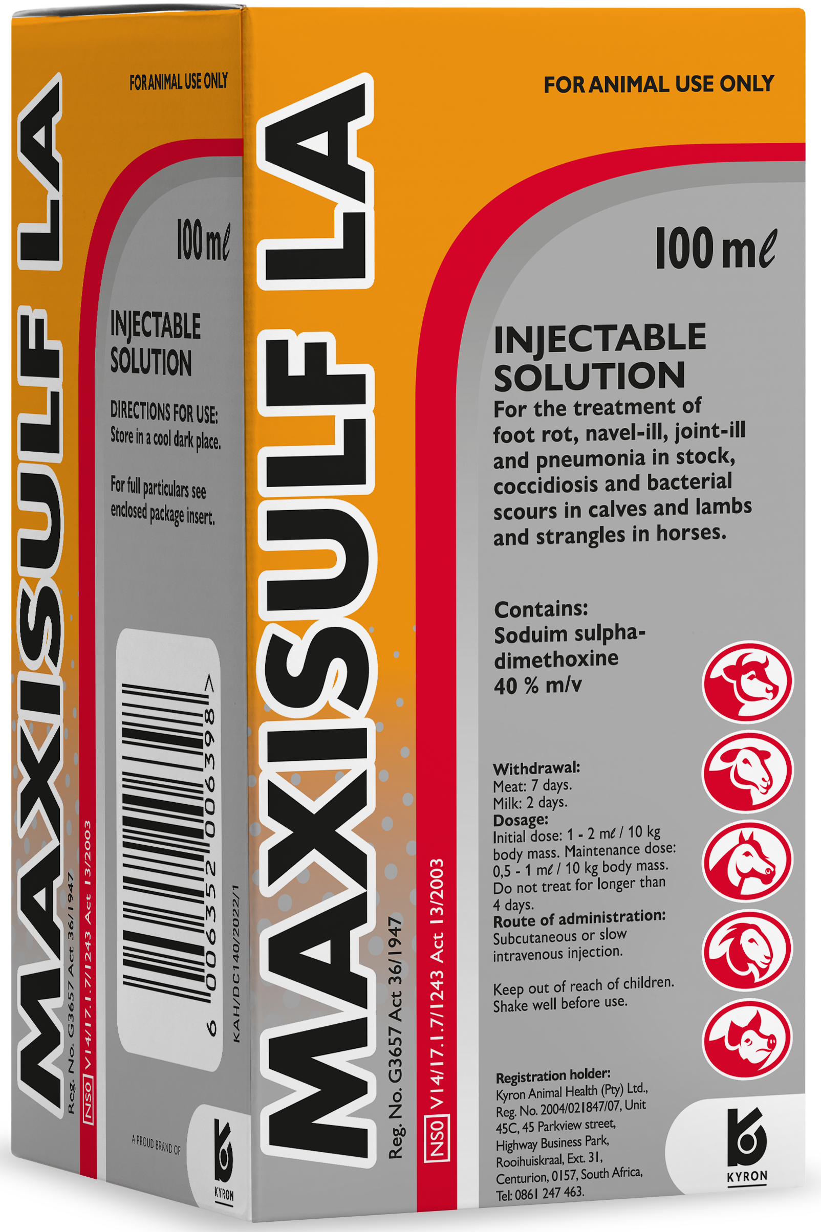 Injectable solution for the treatment of foot rot, navel-ill, oint-ill and pneumonia in stock, coccidiosis and bacterial scours in calves and lambs and strangles in horses.