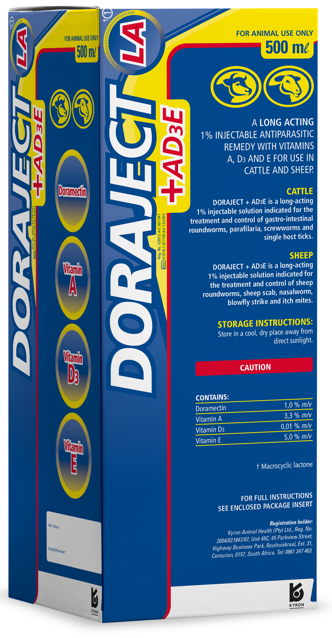 Long-acting 1% injectable antiparasitic remedy with vitamins A, D3 and E for use in cattle and sheep.