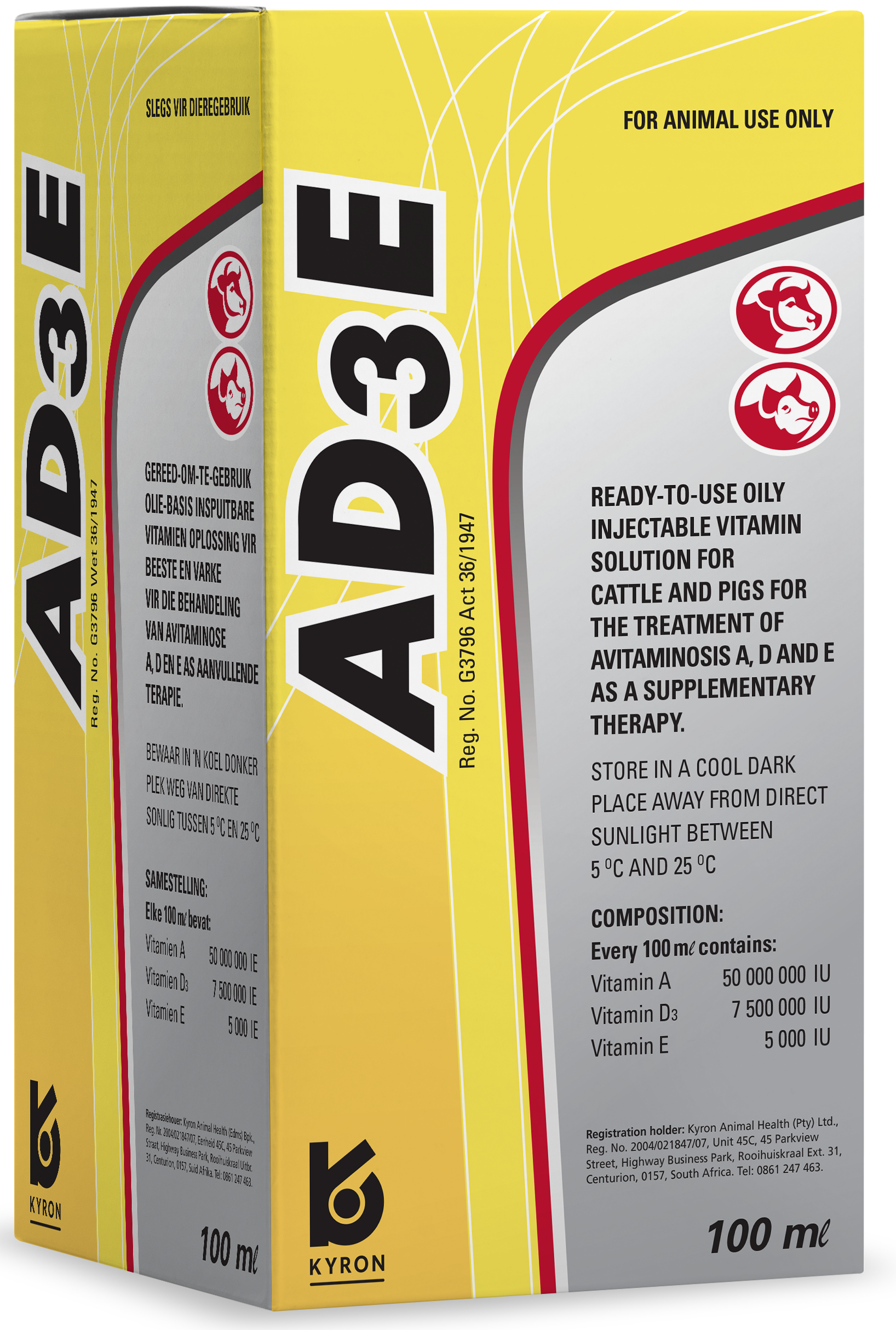 Vita AD3E is a ready to use oily injectable vitamin solution for cattle for the treatment of avita-minosis A,D and E as supplementary therapy.