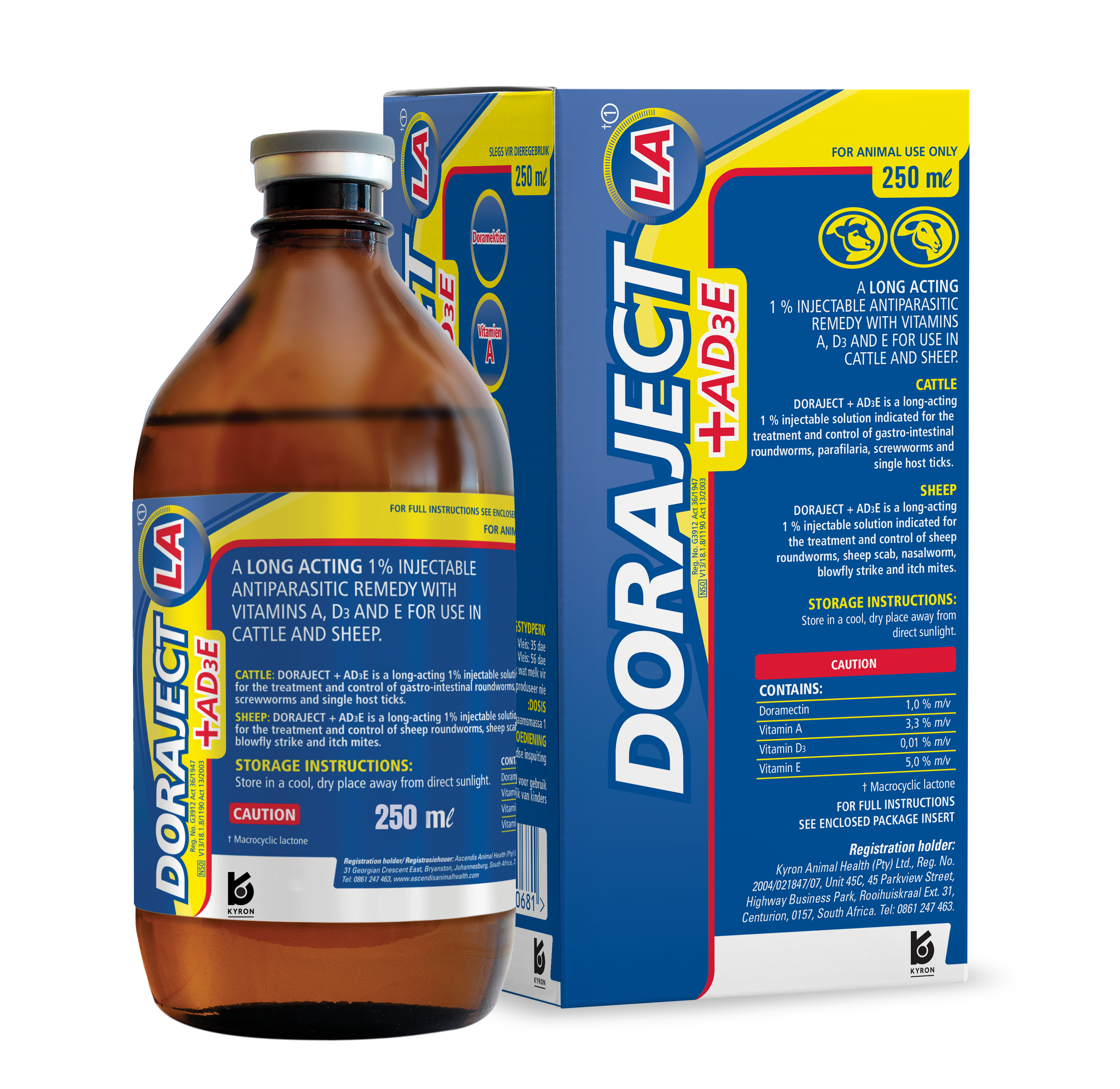 Doraject+AD3E LA is n langwerkende 1 % inspuitbare antiparasitiese middel met Vitamiene A, D3 en E vir gebruik by beeste en skape.