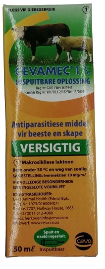 Antiparasitic remedy for cattle and sheep. 1 % injectable Ivermectin. Macrocyclic lactone. Cattle: Roundworm, Eye worm and Parafilaria (false bruising  70 days needed before slaughter for lesions to disappear after treatment), sucking and mange lice, as well as sand tampans. Treats maggot infested wounds (effective for 2 weeks) and Blue ticks (21 days effective). Fast grazing rotation for 21 days in Spring and again in Autumn will lead to a decrease in next generation blue tick numbers. Sheep: Prevention and treatment of roundworm, nasal bot, sheep scab, Australian itch mite during moist conditions.