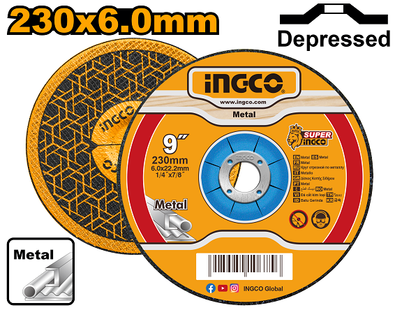 230 mm (9") x 6.0 mm (1/4") x 22.2 mm (7/8") depressed centre grinding disc for metal. Packed by label.