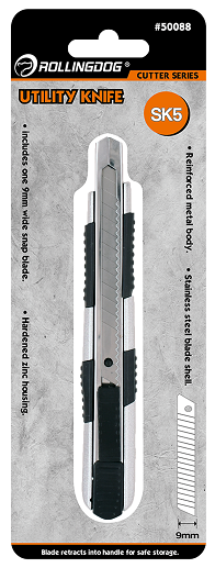 Snap-Off Blade Utility Knife. Blade Width: 9mm. Size:148 x 22 x 15mm. Weight:62g. Blade Quantity:1. Hardened Zinc Housing. Soft-Touch TPR Grip. Stainless Steel Blade Sheath. Self-Lock System.