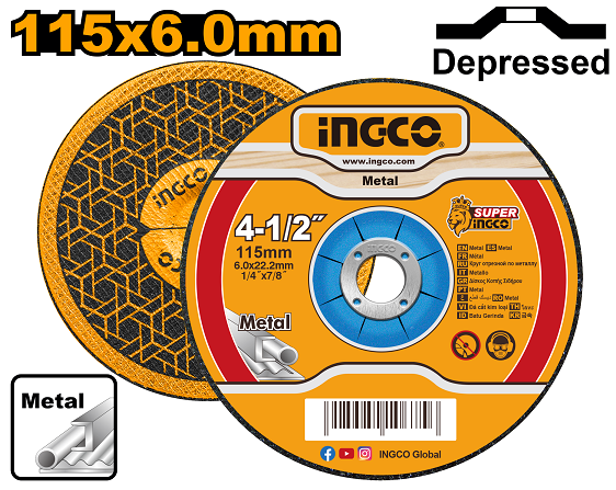 115 mm (4 - 1/2") x 6.0 mm (1/4") x 22.2 mm (7/8") Depressed centre. Grinding disc for metal. Packed by label.