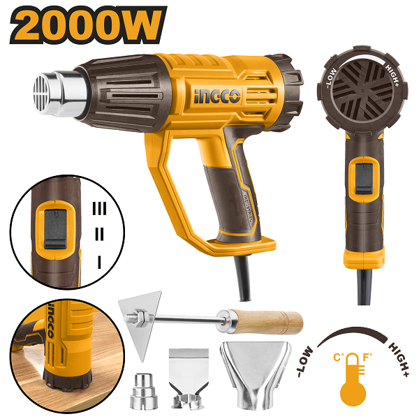Voltage: 220 - 240V ~ 50/60Hz. Input power: 2 000W. Temperature: 50 / 50 - 450°C / 50 - 550°C. Airflow: 450 / 300 / 450 L/min. Adjustable temperature with rotating back control for precision adjustment. Includes: 1 x reduction nozzle, 1 x reflector nozzl