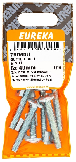 Gutter Bolt & Nut Eureka 7BD60U 6mmx40mm QTY8