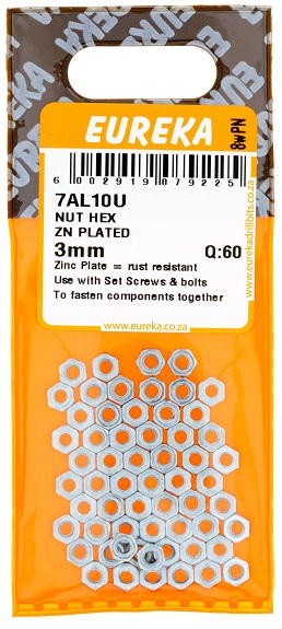 Nut Eureka Hex Galv 7AL10U 3mm QTY50