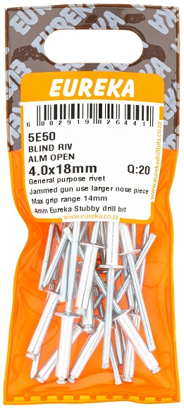 Pop Rivets Eureka Aluminium Open 5E50 4.0mmx18mm