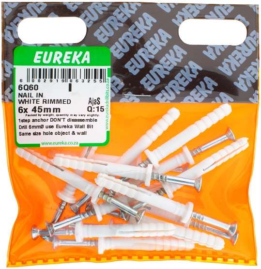 Wall Plug & Nail Eureka White Rimmed 6Q60 6x45mm QTY15