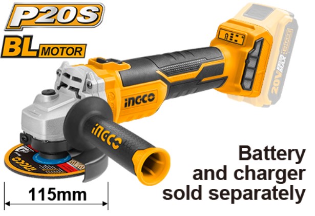 Product features brushless motor, voltage 20, no load speed 9000 rpm, disc diameter 115mm, spindle thread 14mm, battery and charger not included. The product is packed by colour box.