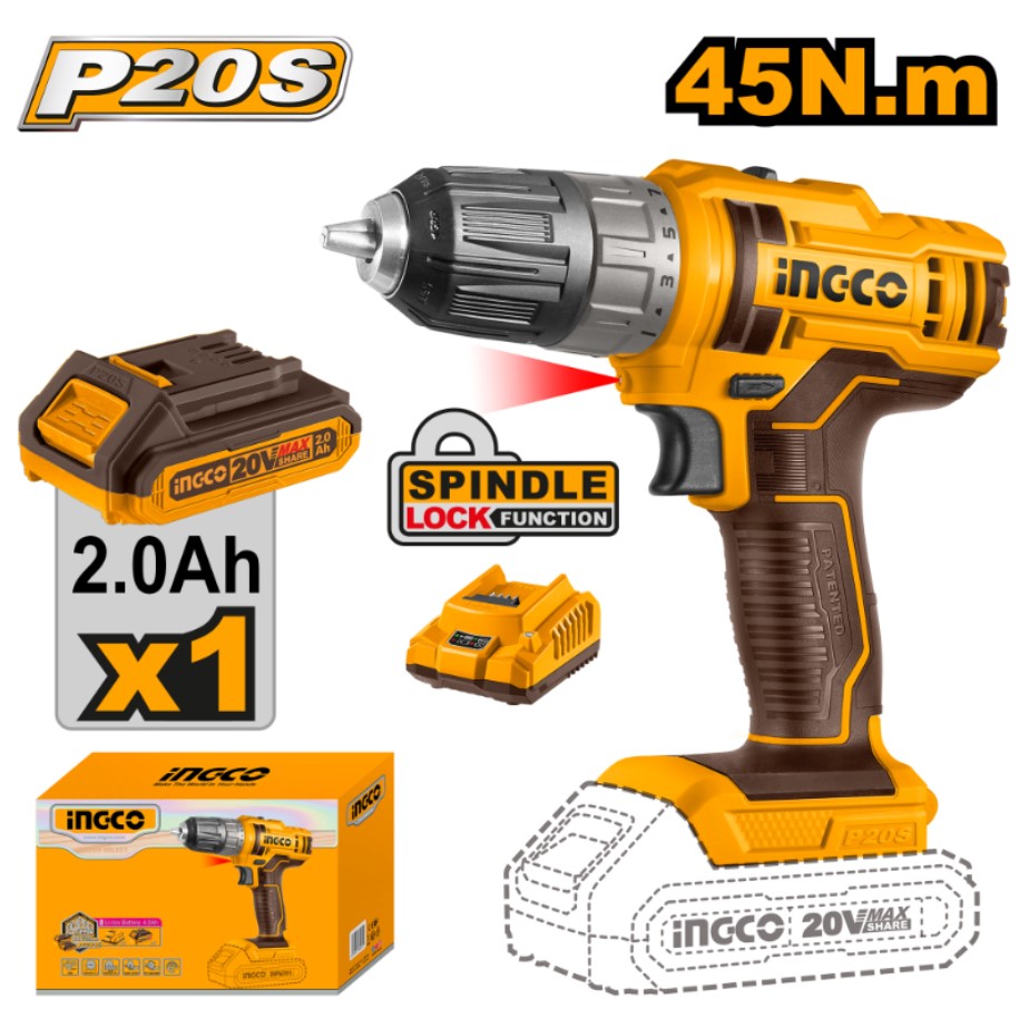 20V Lithium-Ion Cordless Drill,Voltage: 20V, No-load speed: 0-400/0-1 500 rpm, Max torque: 45Nm, Plastic chuck, Chuck capacity: 0.8-10 mm, Torque settings: 15 + 1, Mechanical 2-speed gear, Spindle lock function, Integrated LED work light, LED battery power indicator, Includes: 1 Piece 2.0Ah battery pack (FBLI20011), 1 Piece charger (FCLI2001), Charge volts: 220-240V ~ 50/60Hz, 1 Piece Cr-V 65 mm bit
