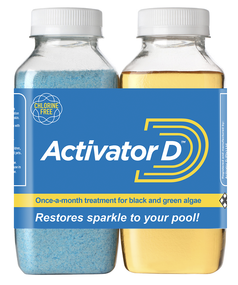 Ensure your pool's pH level is between 6.8 - 7.2. Ensure alkalinity level is between 80-120ppm. Backwash the pool. With the motor running and the valve set in filter position, empty both bottles of Activator D into the weir. Do not pour directly into the pool. Backwash weekly & keep pool brushed and baskets clear. Add one set of Activator D per a 50 000l monthly.
