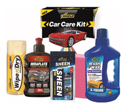 This kit contains basic products for the cleaning and polishing of a vehicle and an air freshener.