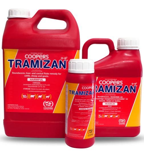 Roundworm, liver- and conical fluke remedy for cattle, sheep and goats. Tramizan® may be dosed to all cattle, sheep and goats without any pre?dosing starving or change of diet. Dosage - Cattle: 15 m?/50 kg body mass. Sheep and goats: 3 m?/10 kg body