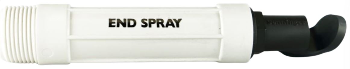 Senninger's low pressure End Spray is designed for use at the end of a machine. It can help irrigate the area between the last sprinkler and the end gun. The low angle design resists the effects of wind and the large orifice resists clogging.