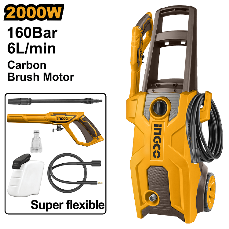 Voltage: 220 - 240V ~ 50/60Hz. Carbon brush motor. Pure copper wire. Input power: 2 000W. Max pressure: 160 Bar (2 320 PSI). Flow rate: 6.0 L/min. Auto stop system. Includes: 1 x water spray gun (AMSG028), 1 x 5 m super-flexible high-pressure hose, 1 x wat